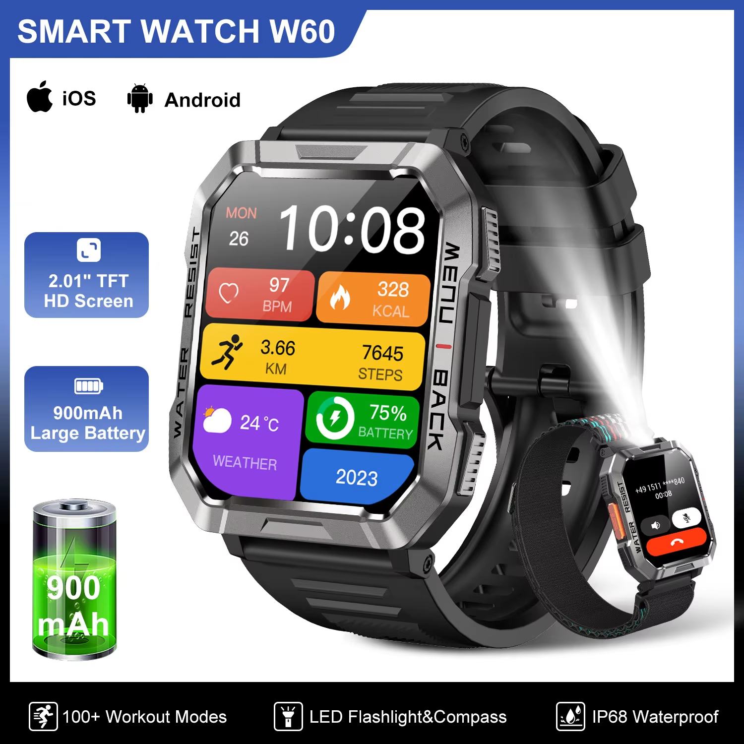 Nutrition Gym - Blackview W60 防水スマートウォッチ 2.01インチHDディスプレイ 900mAh大容量バッテリー スマートウォッチ