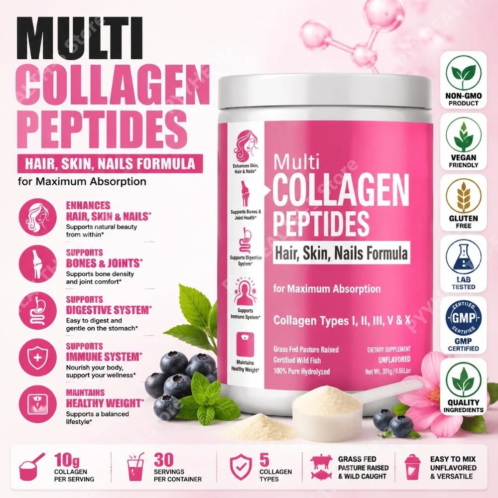 X Nutrition - 加水分解マルチコラーゲンパウダー タイプI、II、III、V、Xサプリメントと消化酵素ブレンド 無香料 300g