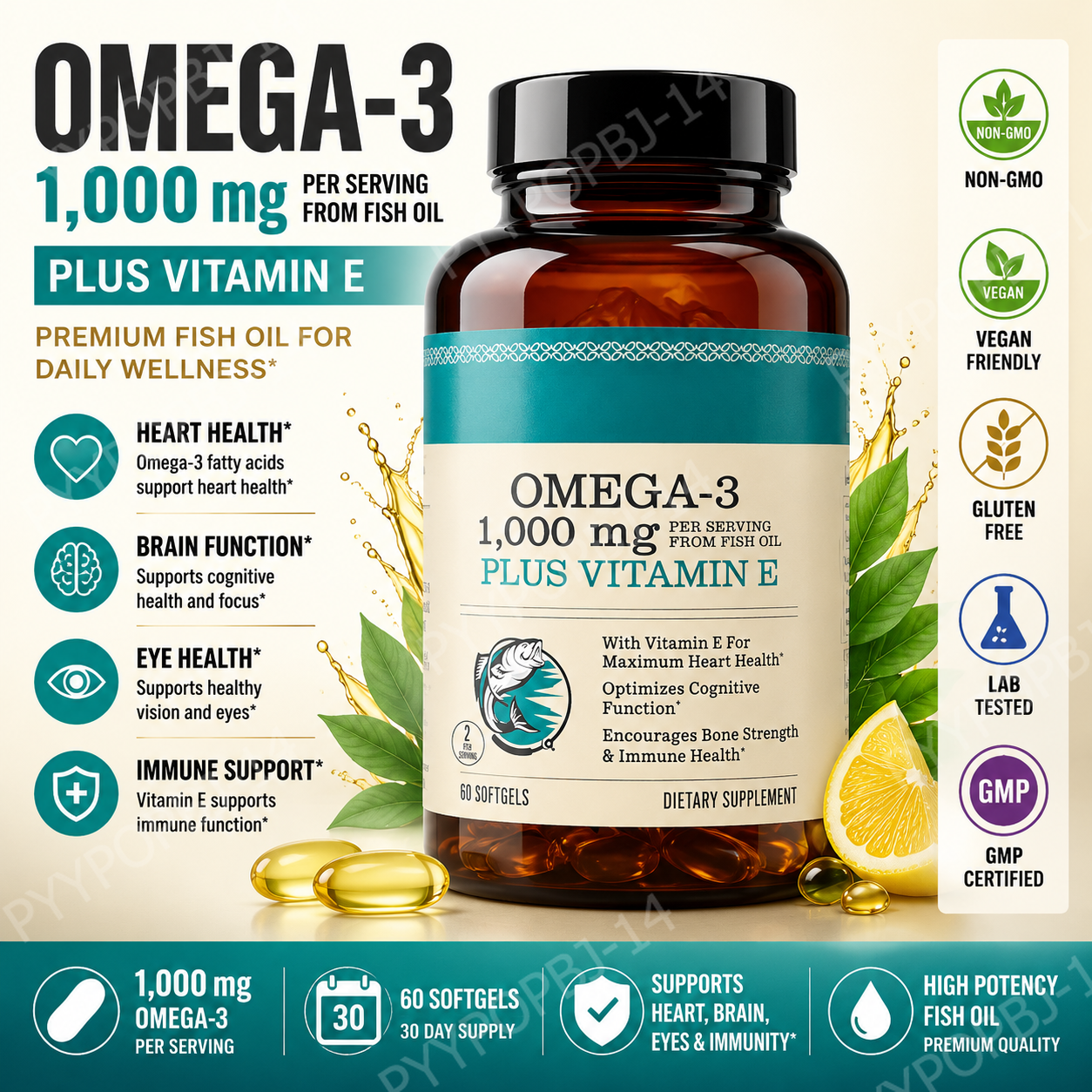 Omega 3 Fish Oil - オメガ3魚油1000mg EPA 600mg DHA 400mg ビタミンE配合