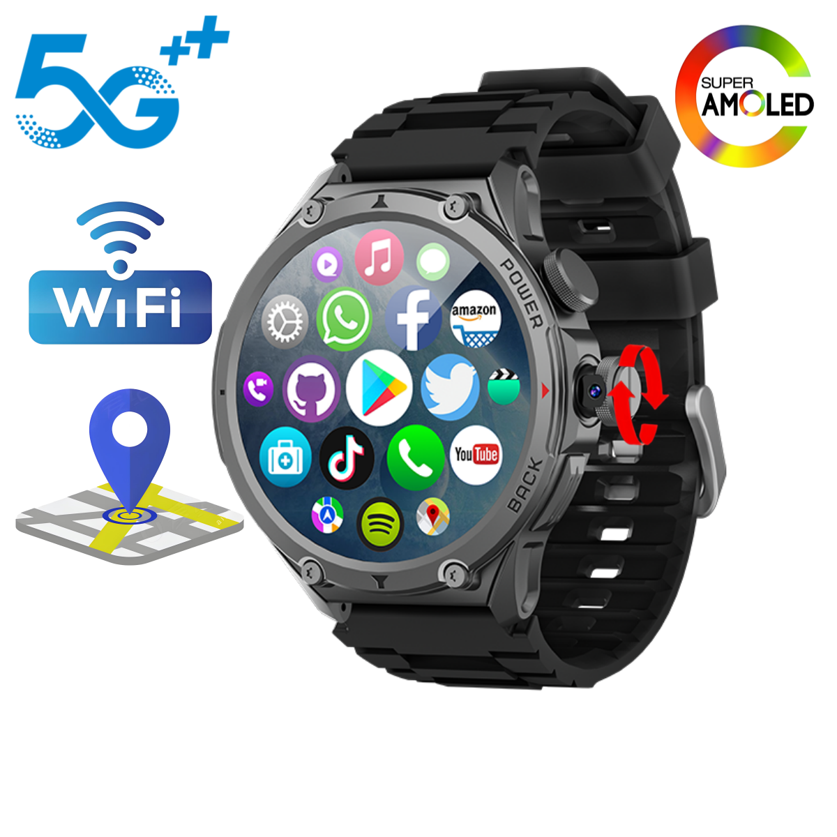 Nutrition Gym - レディース5G LTEスマートウォッチ、WiFi SIM対応、1.6インチAMOLEDディスプレイ、回転式カメラ、ビデオ通話、GPS、Playストアアプリダウンロード可能
