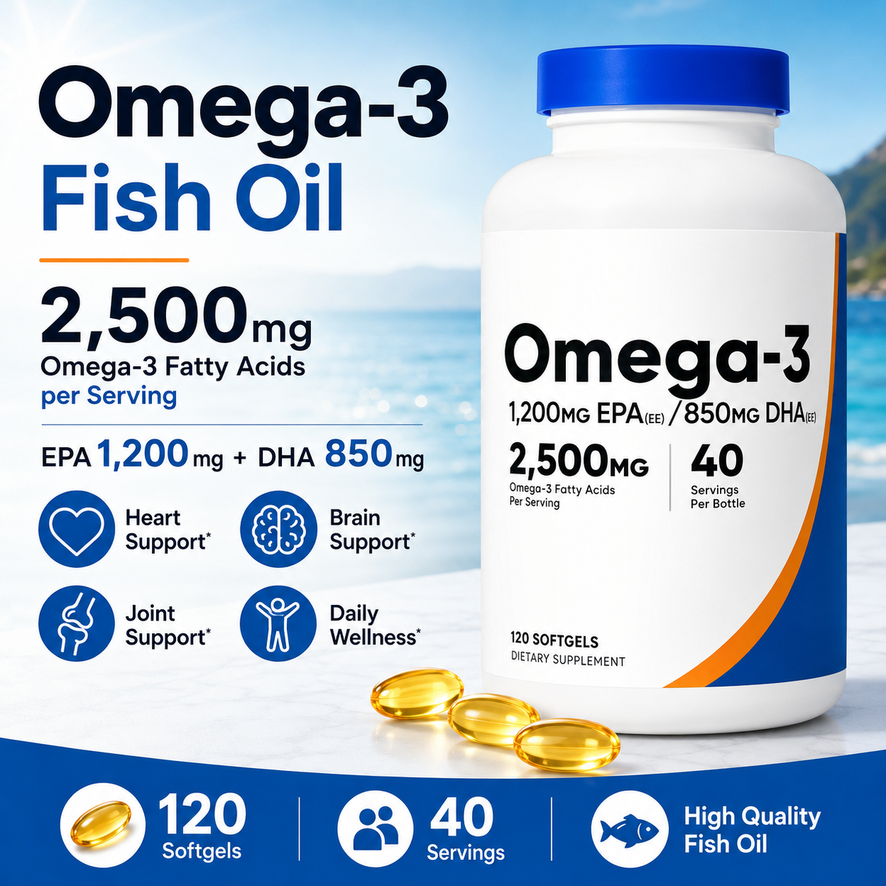 オメガ3魚油2500mgソフトジェル（EPA 1200mg  - Omega 3 Fish Oil のレビューと価格