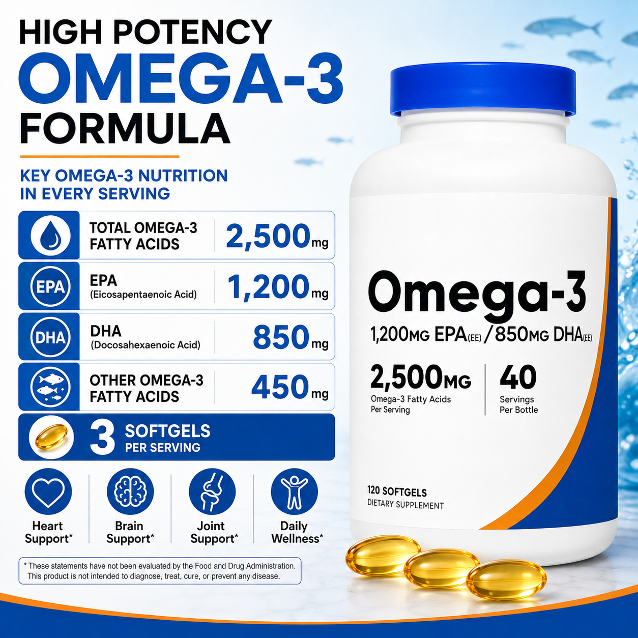 オメガ3魚油2500mgソフトジェル（EPA 1200mg  - Omega 3 Fish Oil のレビューと価格